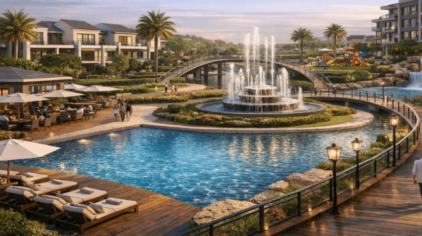 النافورة الرئيسية والمساحات المائية داخل كمبوند فيلاج دي لا كابيتال العاصمة الإدارية Village de la Capitale New Capital